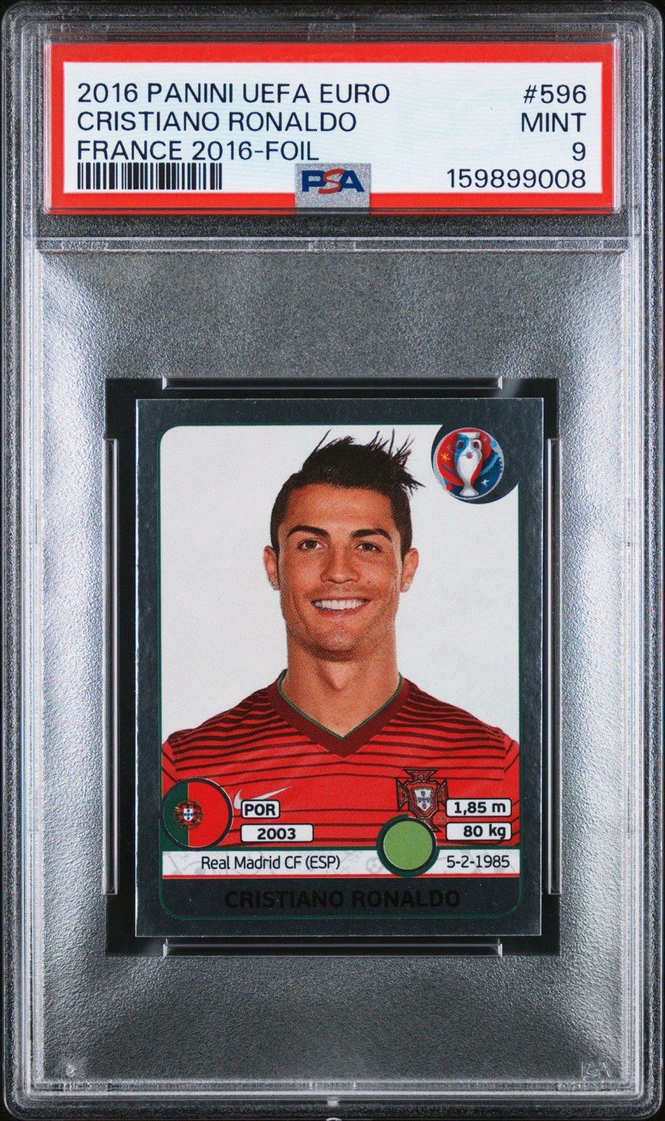 2016 Panini UEFA Euro France 2016 Foil Cristiano Ronaldo #596 PSA 9 MINT 2016 Panini UEFA Euro France 2016 Foil Cristiano Ronaldo #596 PSA 9 MINT