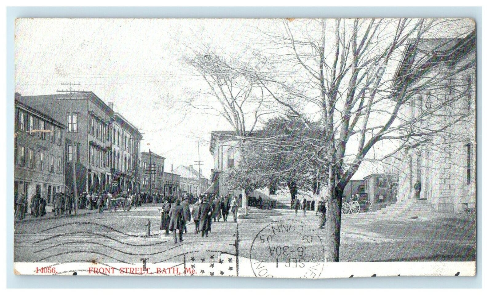 1905 Crowd Walking in Front Street, Bath Maine ME Antique Postcard