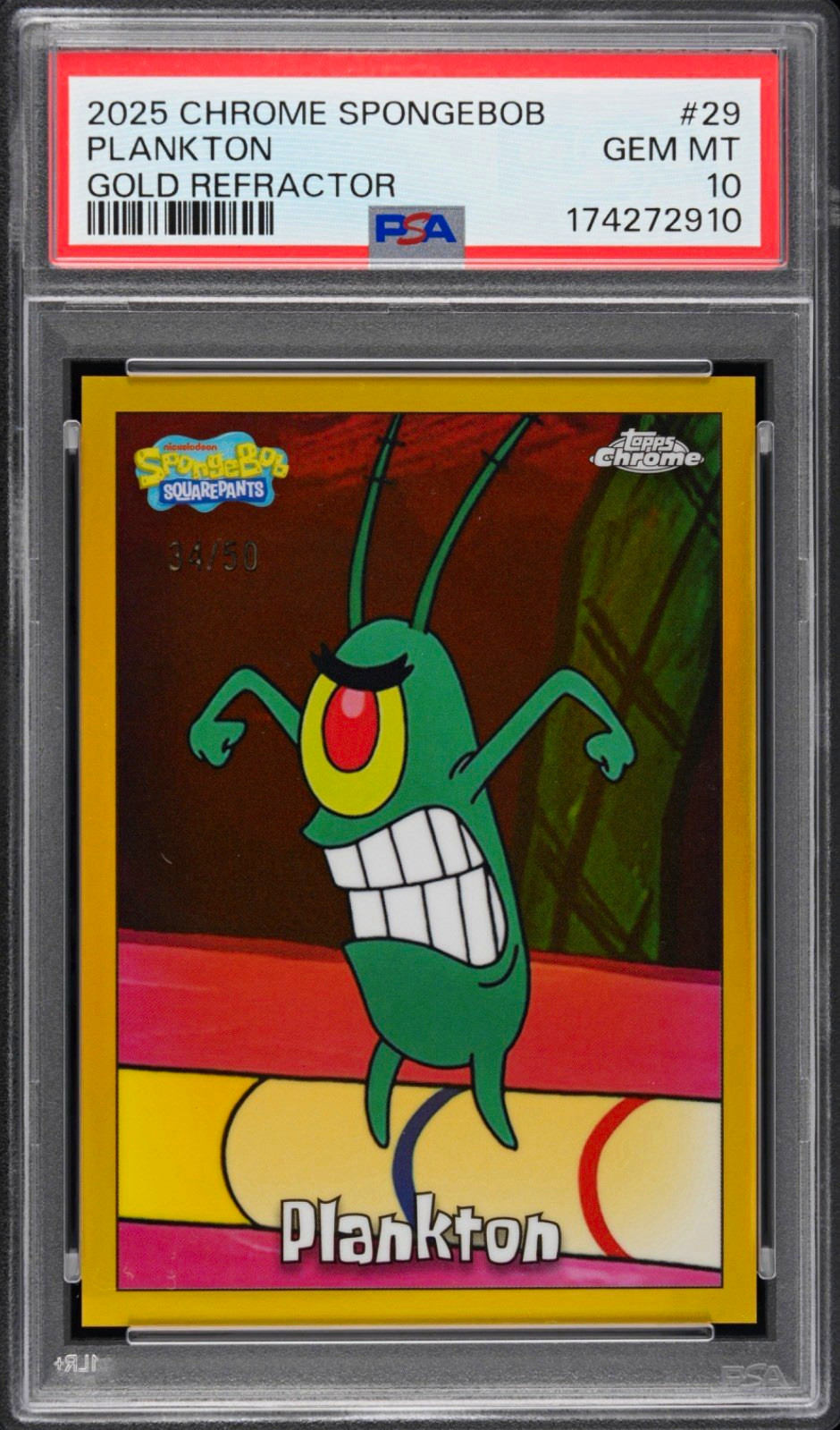 Topps 2025 Chrome SpongeBob Plankton Gold Refractor 34/50 PSA 10 #29 Topps 2025 Chrome SpongeBob Plankton Gold Refractor 34/50 PSA 10 #29