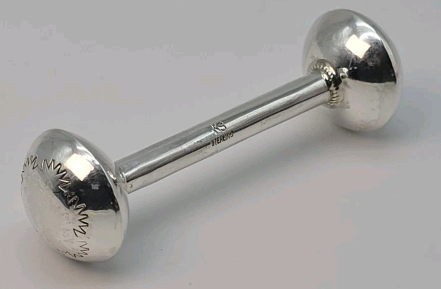 BEAUTIFUL Vintage Navajo — KS STERLING — Hand-Tooled Silver Dumbell Baby Rattle