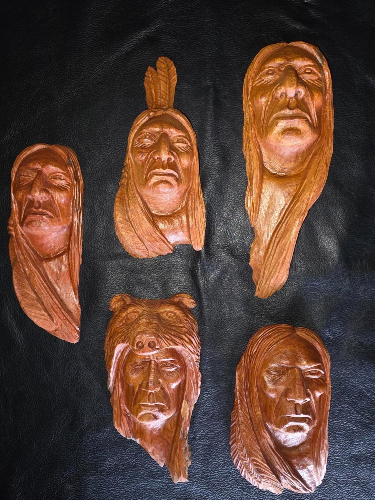 Hand Carved Native American Wood Wall Sculptures --5 Total Carvings in Lot Hand Carved Native American Wood Wall Sculptures --5 Total Carvings in Lot