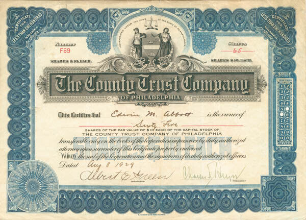County Trust Co. of Philadelphia - Stock Certificate - Banking Stocks