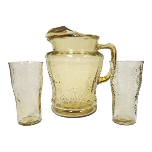 Vtg 1930s Federal Glass Madrid Amber Depression Glass 80oz Pitcher & Glasses Set