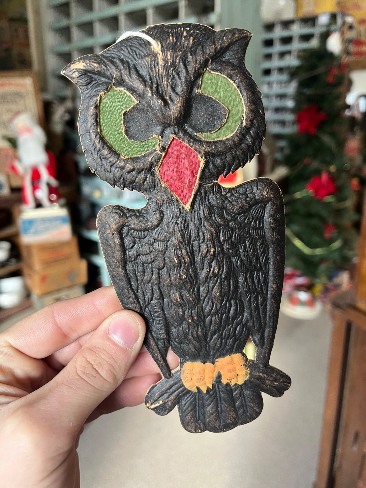 Antique 1920s German Halloween Diecut Owl 7.5" w/ Crepe Transparent Insert Antique 1920s German Halloween Diecut Owl 7.5" w/ Crepe Transparent Insert