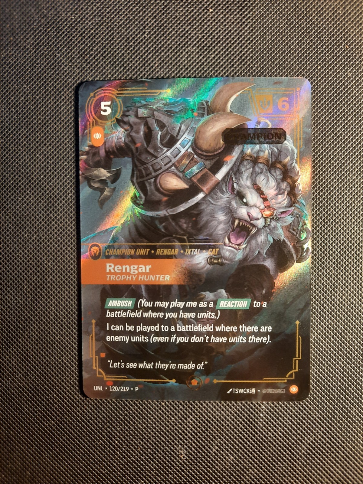 Riftbound TCG Rengar Trophy Hunter Champion Promo Foil English Unleashed 120/219 Riftbound TCG Rengar Trophy Hunter Champion Promo Foil English Unleashed 120/219