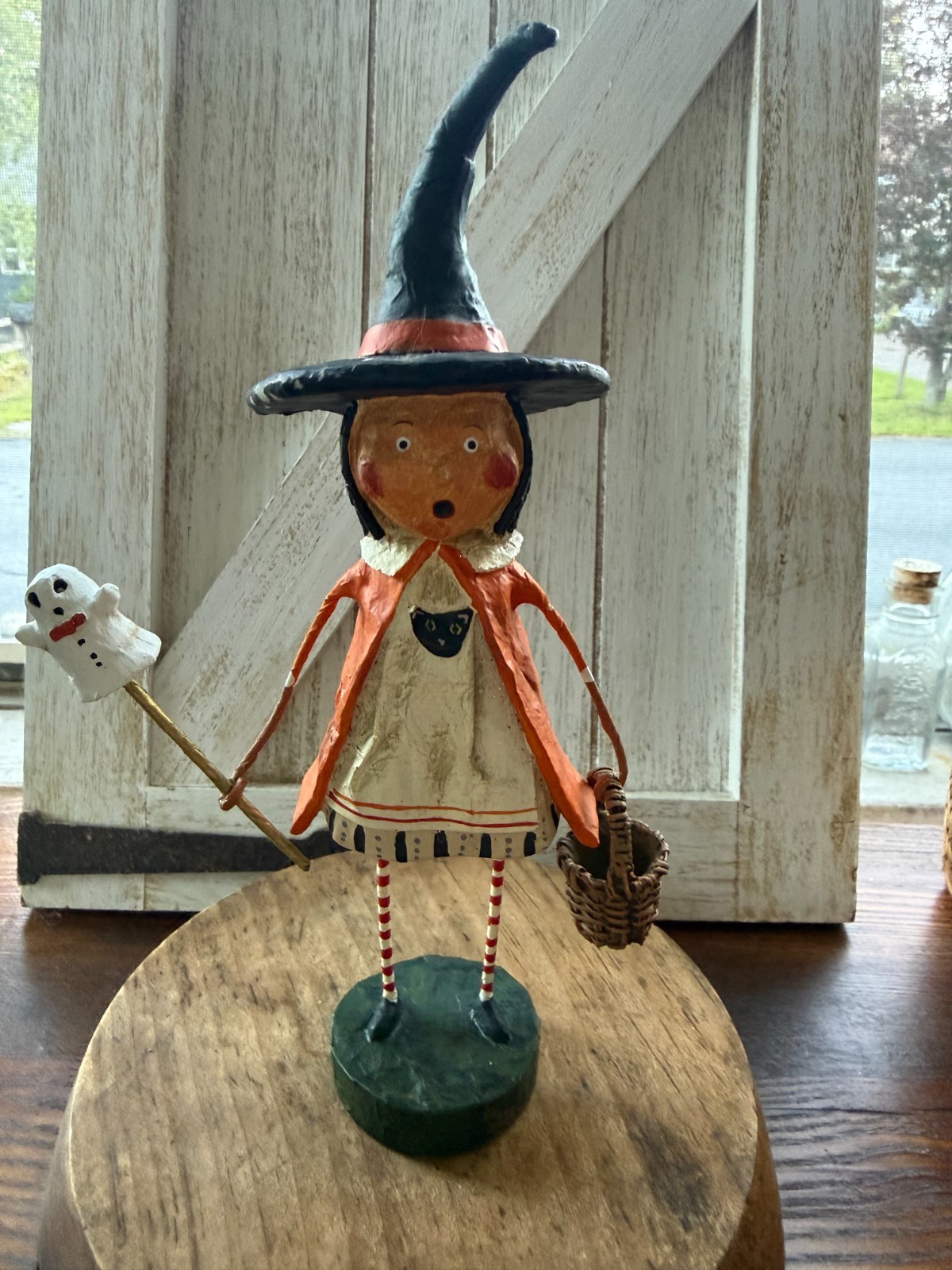 Lori Mitchell Halloween witch figureine carrying ghost and basket Lori Mitchell Halloween witch figureine carrying ghost and basket