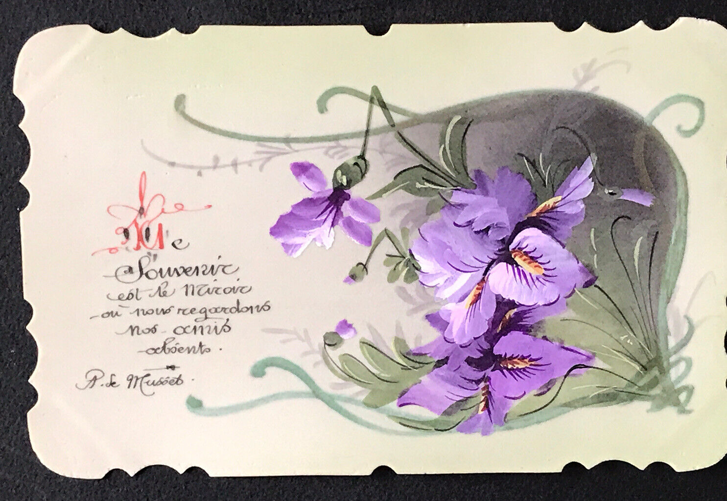 Vintage CPA Rhodoid Thoughts Bouquet A. De Musset poem Fancy Pansies postcard