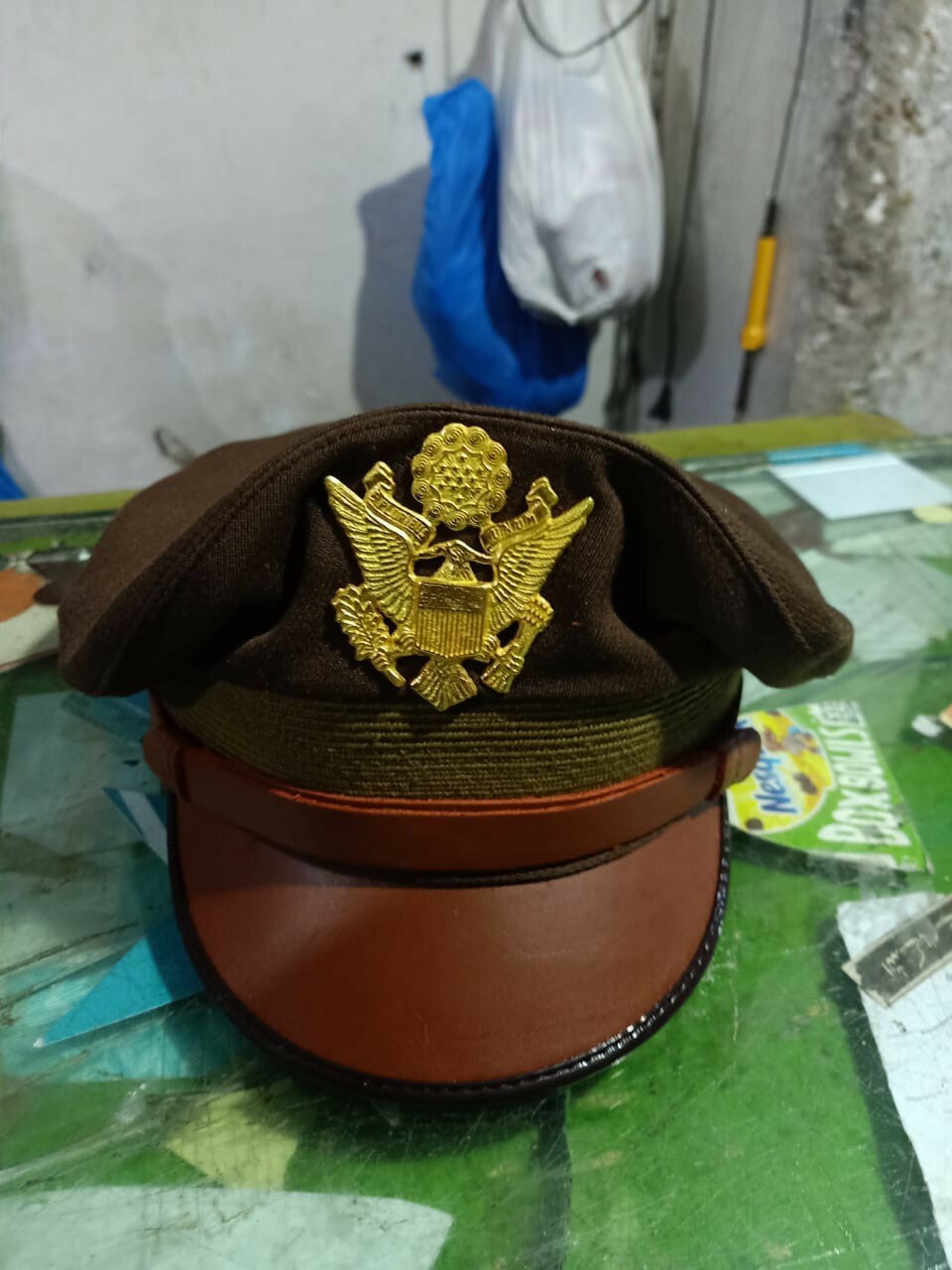 WW2 US Army Aircorps Military Officers Pilots OD Visor Crusher Hat Cap 