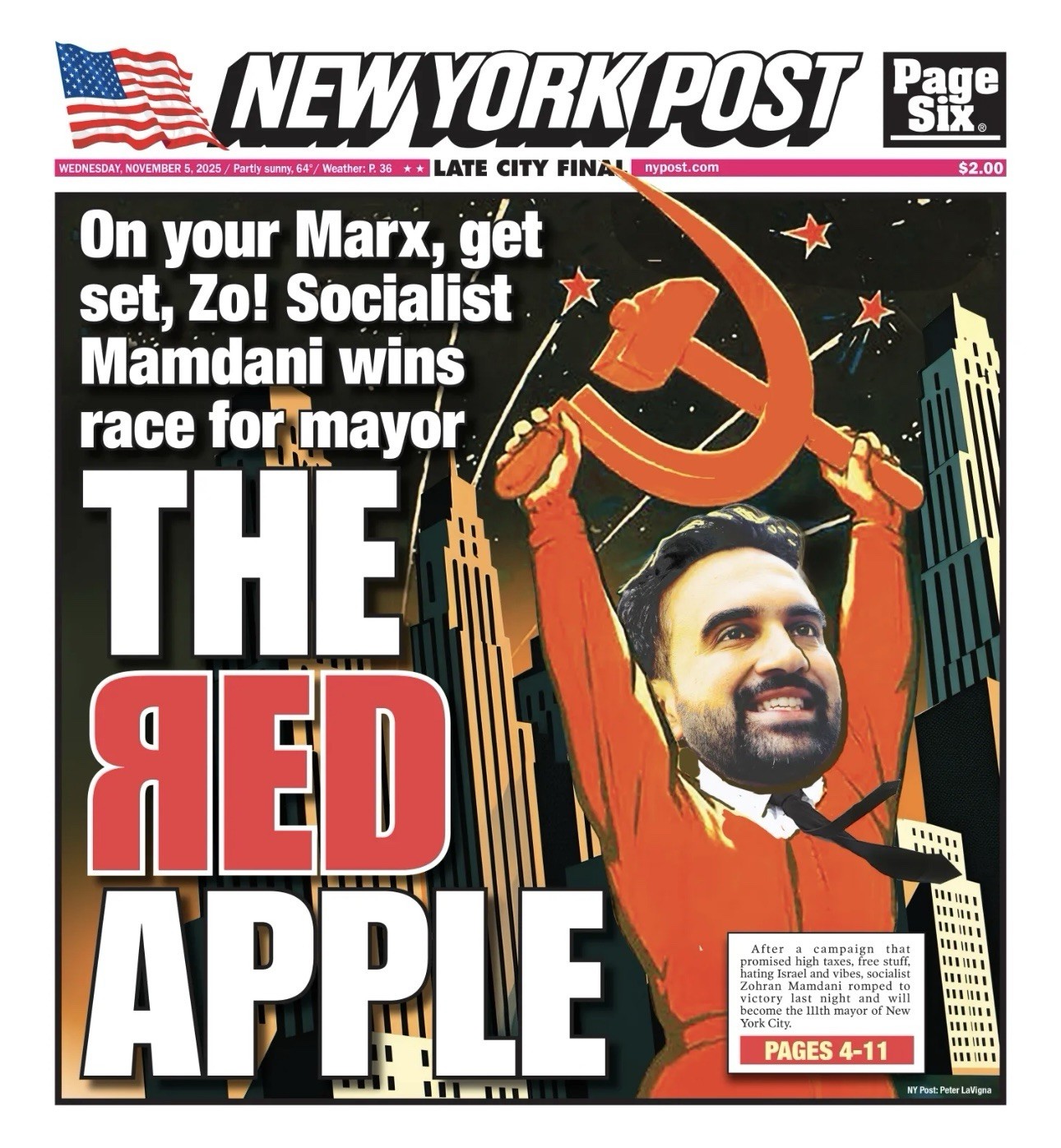 Zohran Mamdani New York Post Newspaper The Red Apple Cover 11/5/2025 Zohran Mamdani New York Post Newspaper The Red Apple Cover 11/5/2025