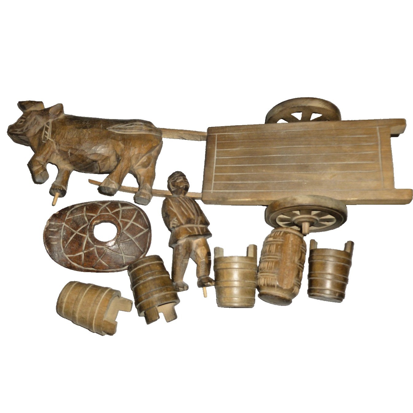 Vintage Hand Carved Wood Folk Art Set Ox Drawn Cart Farmer Barrels Buckets 10pc Vintage Hand Carved Wood Folk Art Set Ox Drawn Cart Farmer Barrels Buckets 10pc