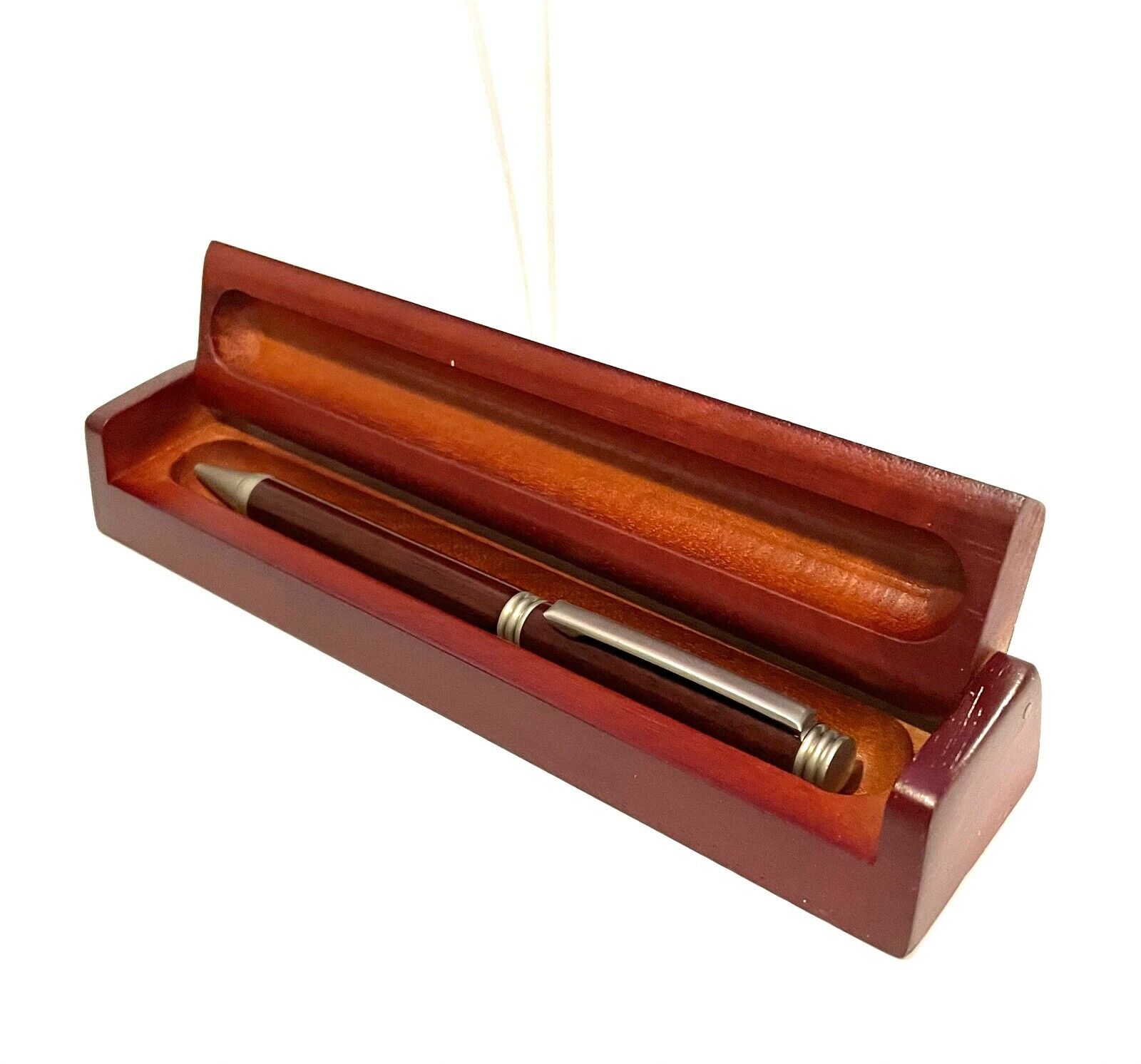 Rosewood Ballpoint Pen with Brushed Silver Tone Accent and Wooden Display Case