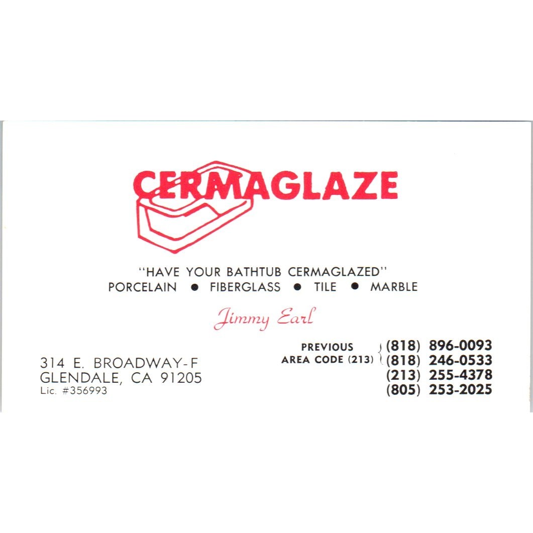 Cermaglaze Jimmy Earl Glendale CA Vintage Business Card SD8-B3