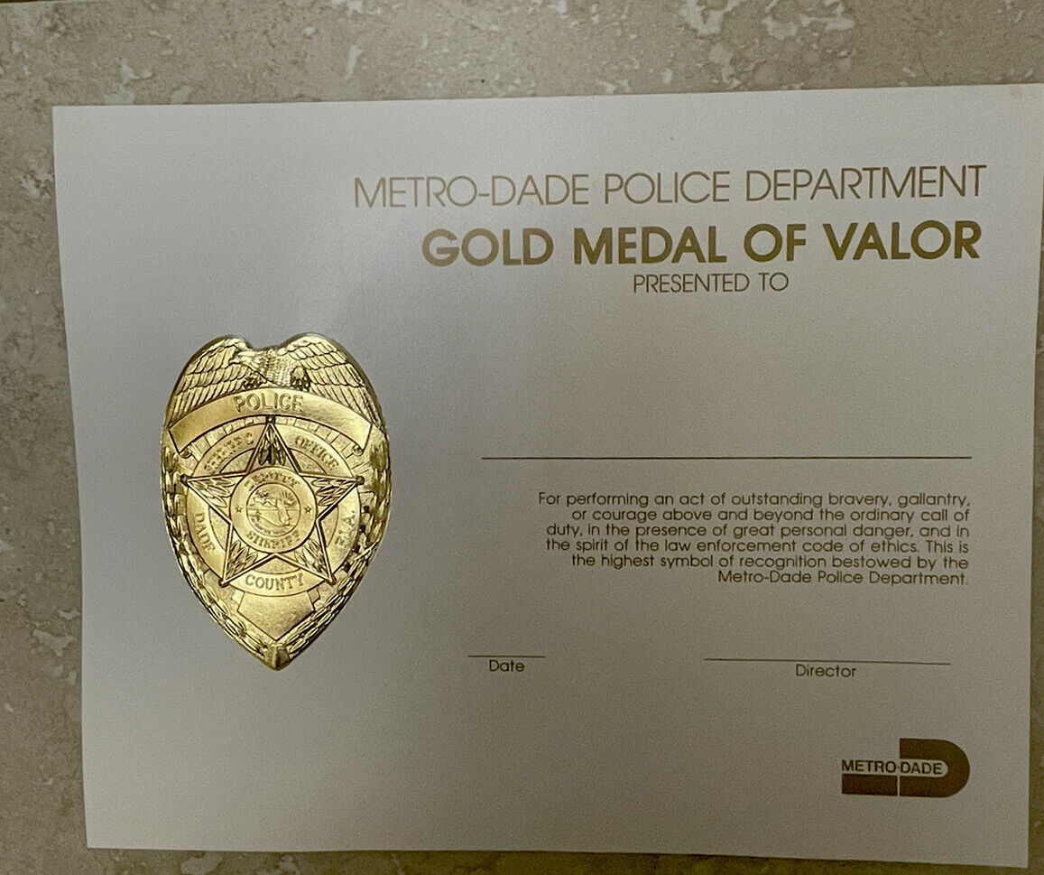 Vintage Police Gold Medal of Valor Certificate from Miami Metro-Dade 1980s NOS