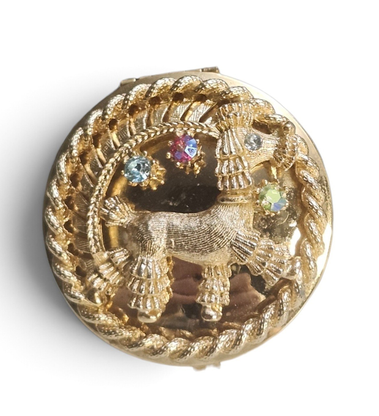 Adorable Vintage poodle dog rhinestone Gold Tone Round Hinged pill box 