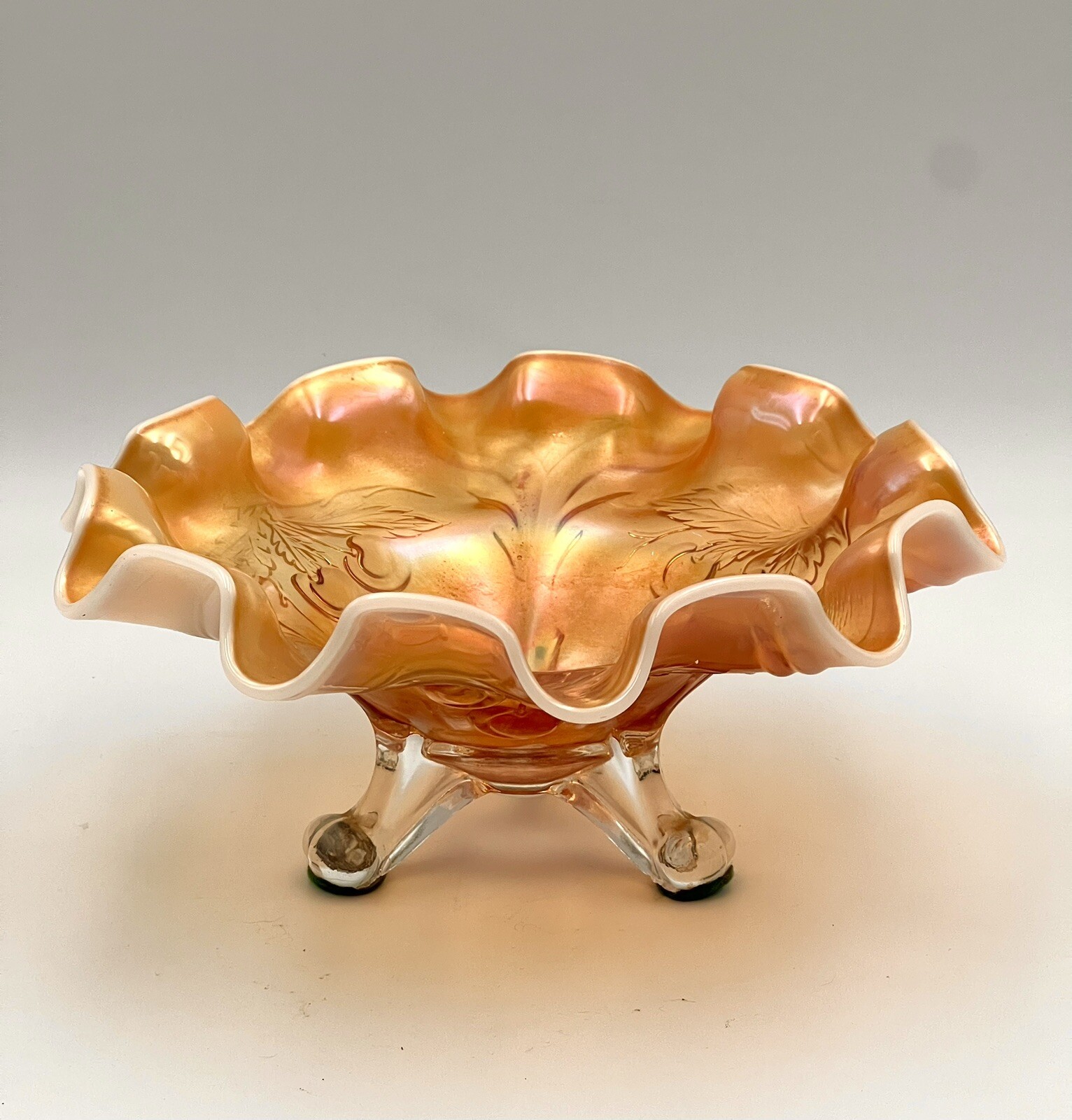 Beautiful Vintage Dugan 3 Footed Marigold Carnival Glass Cherries Scalloped Bowl Beautiful Vintage Dugan 3 Footed Marigold Carnival Glass Cherries Scalloped Bowl