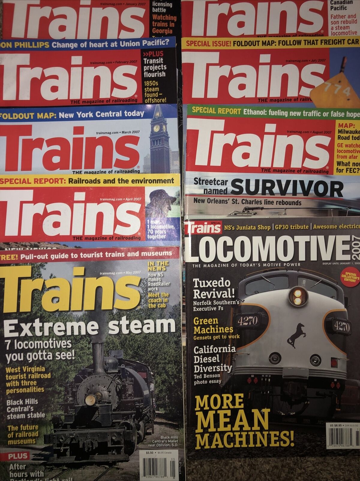 Trains 2007 Magazine 9 Issues Jan Feb March Apr May June July Aug Locomotive Edi