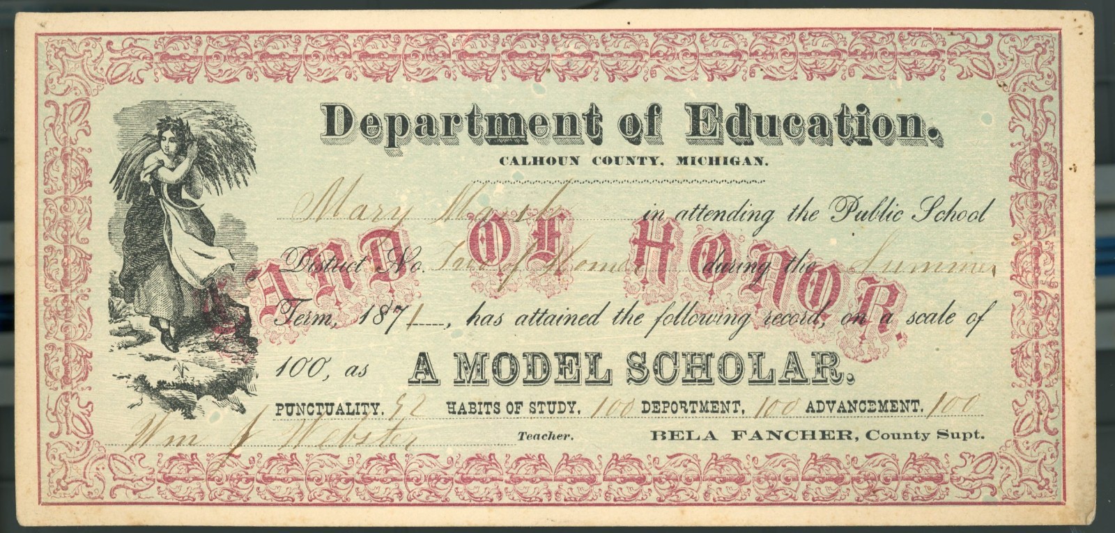 Vintage 1871 School District #2 Homer Michigan "Card of Honor" - With Grades