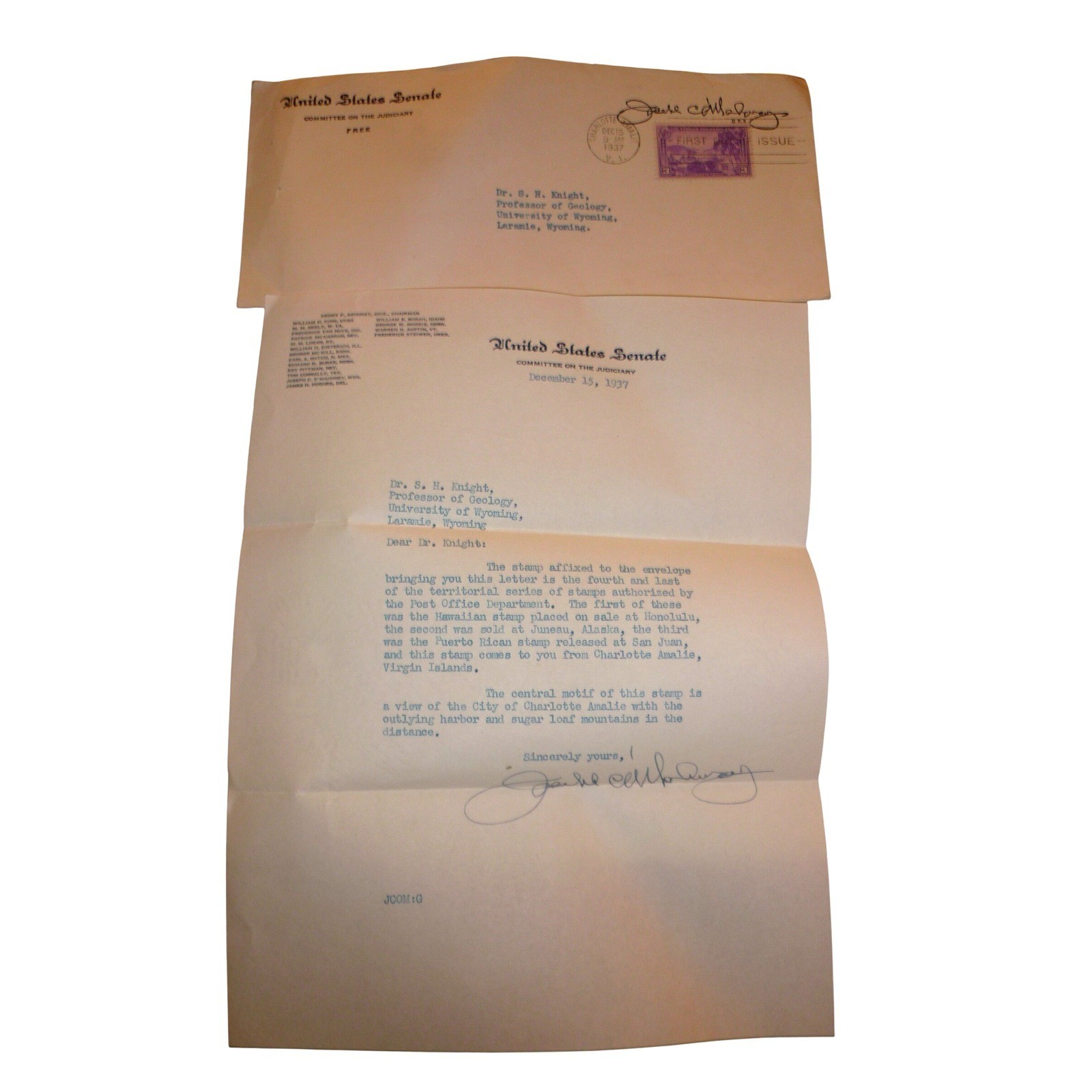 1937 US Senate Committee Judiciary Letter Virgin Islands First Day Issue Stamp 1937 US Senate Committee Judiciary Letter Virgin Islands First Day Issue Stamp