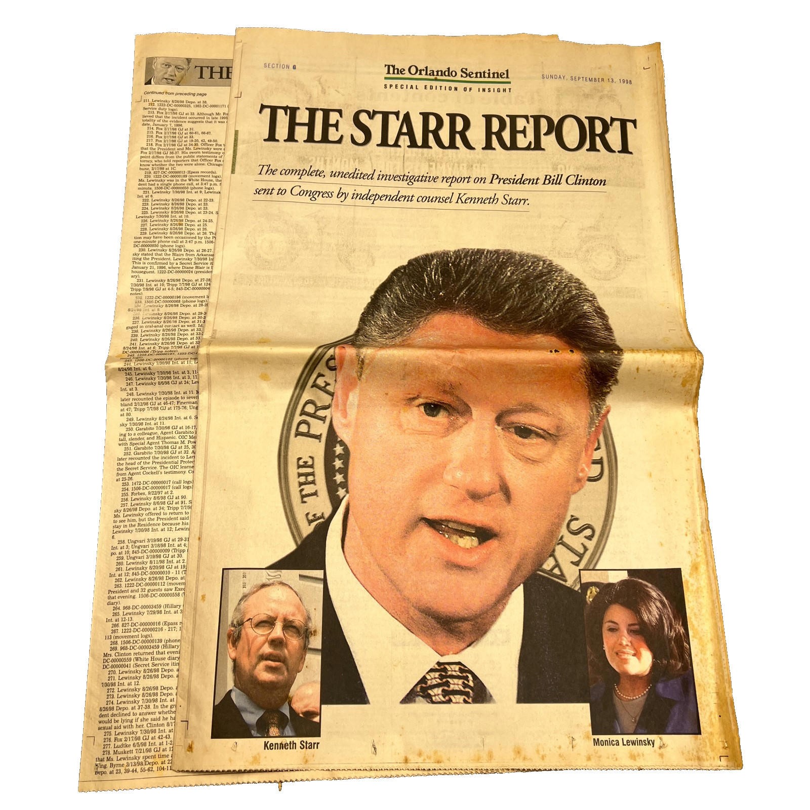 September 13, 1998 ORLANDO SENTINEL Newspaper Bill Clinton The Starr Report