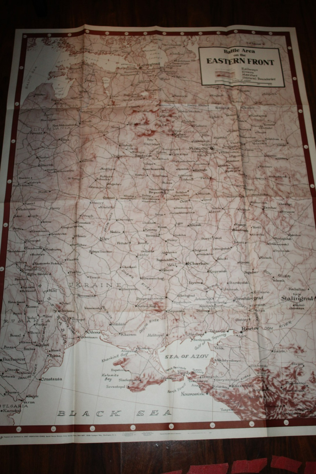 Large Original WW2 U.S. Govt Folded Paper "Battle Area on the Eastern Front" Map