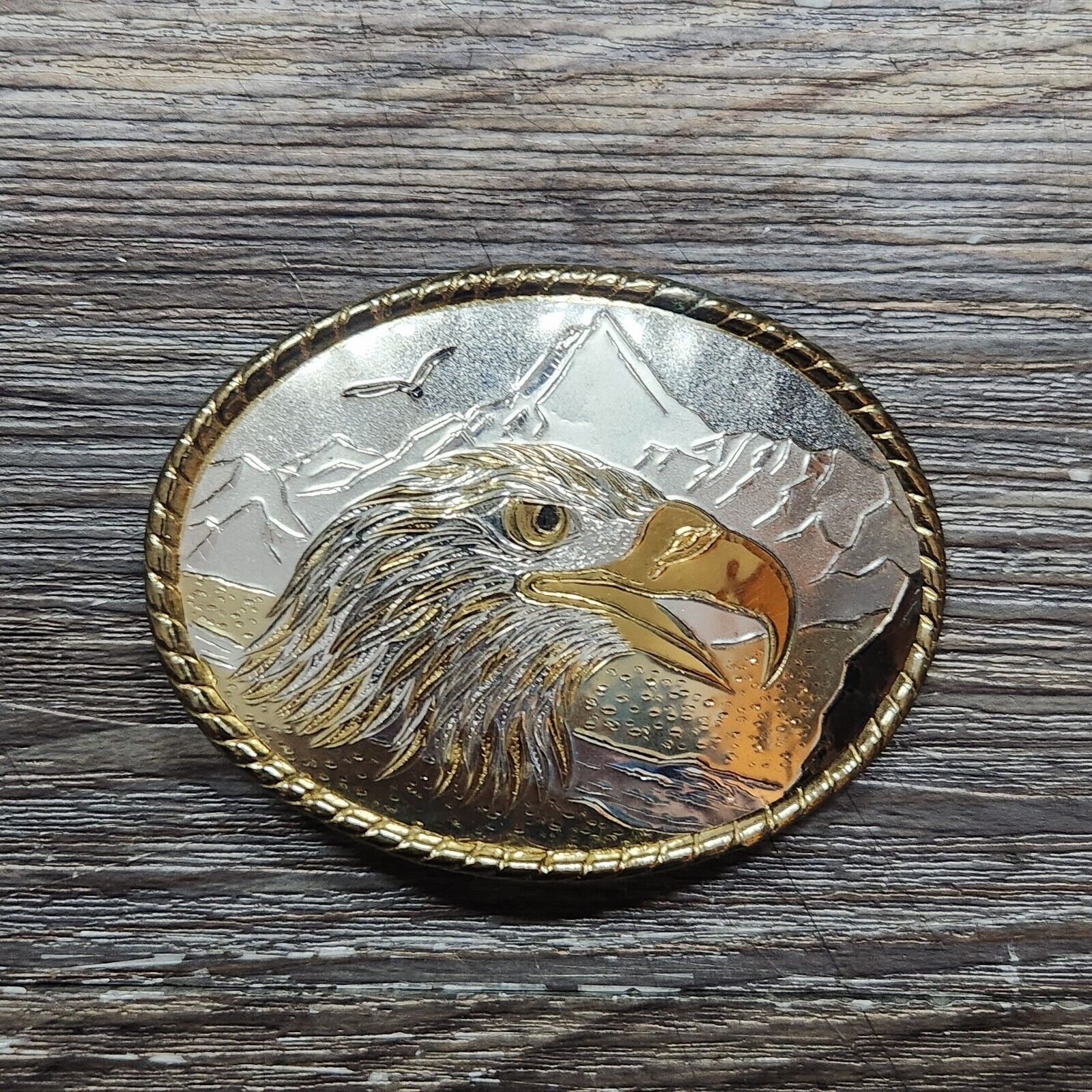 Vintage Belt Buckle Western Silver & Gold Color w Eagle Head Mosaic 3.5\