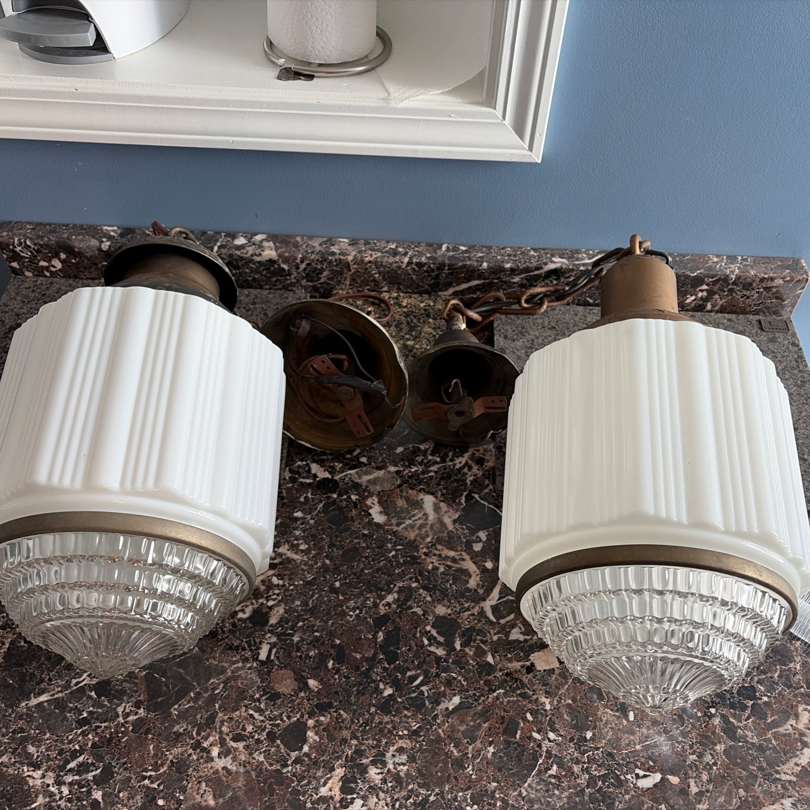 2 Antique Art Deco "Skyscraper" Milk/Clear Glass Ceiling Lights