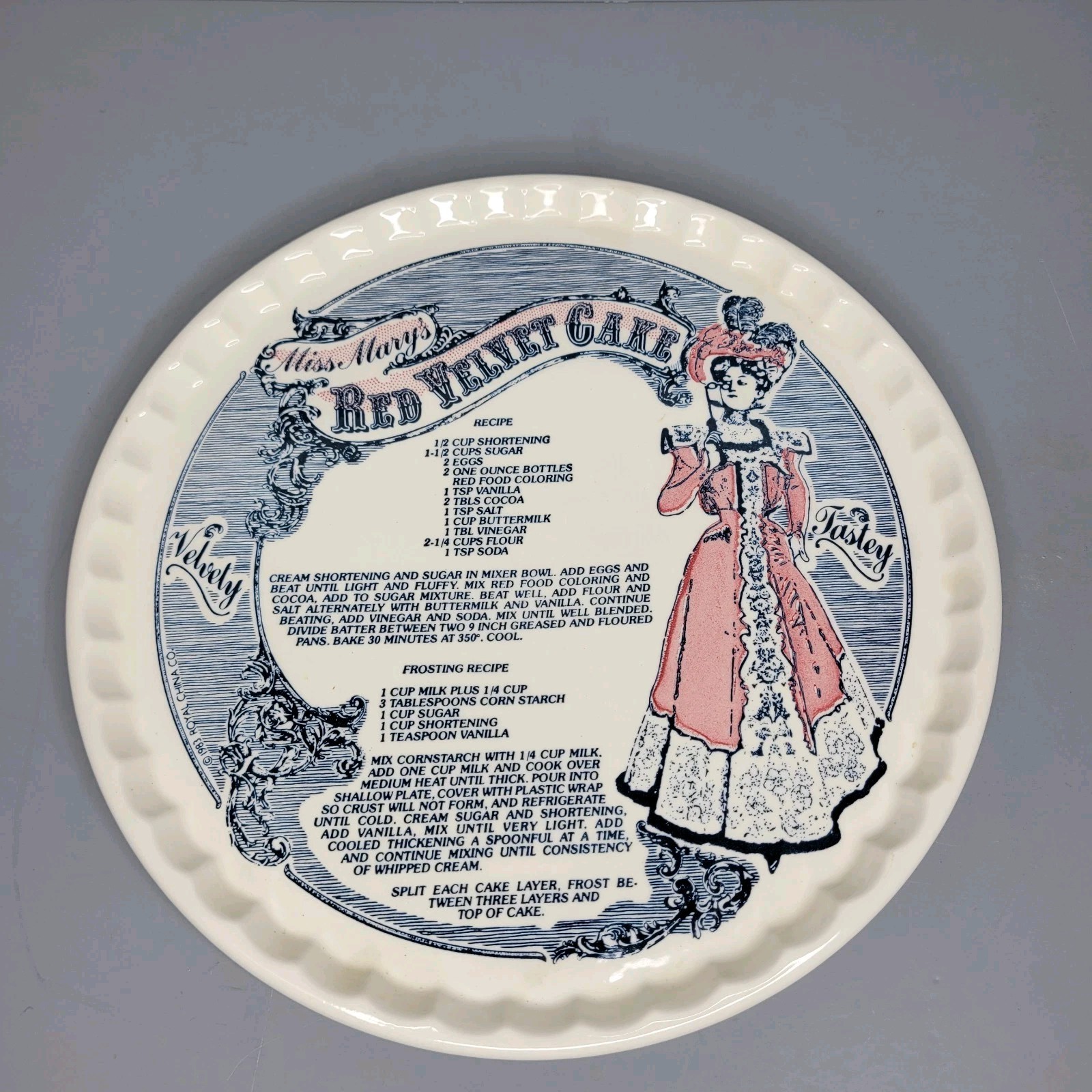 Vintage 1983 Royal China Co Miss Marys Red Velvet Cake Recipe Pie Plate 11 Inch
