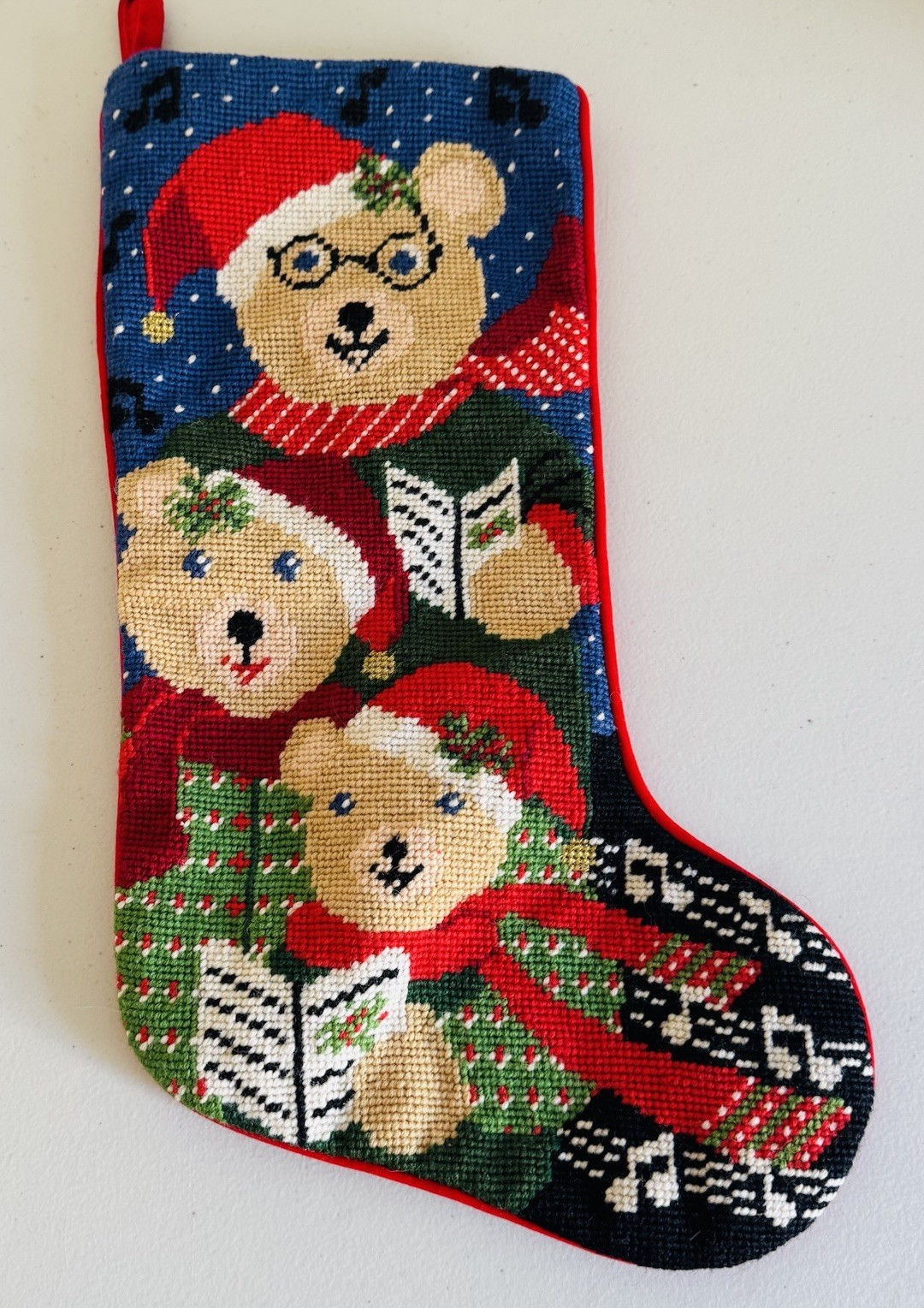 Vintage Wool Needlepoint Christmas Stocking 3 Caroiling Singing Bear Vintage Wool Needlepoint Christmas Stocking 3 Caroiling Singing Bear