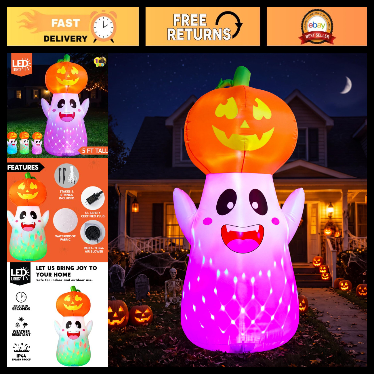 Joiedomi 5FT Tall Halloween Inflatable Ghost Pumpkin with 3-Pattern Colorful Rot Joiedomi 5FT Tall Halloween Inflatable Ghost Pumpkin with 3-Pattern Colorful Rot