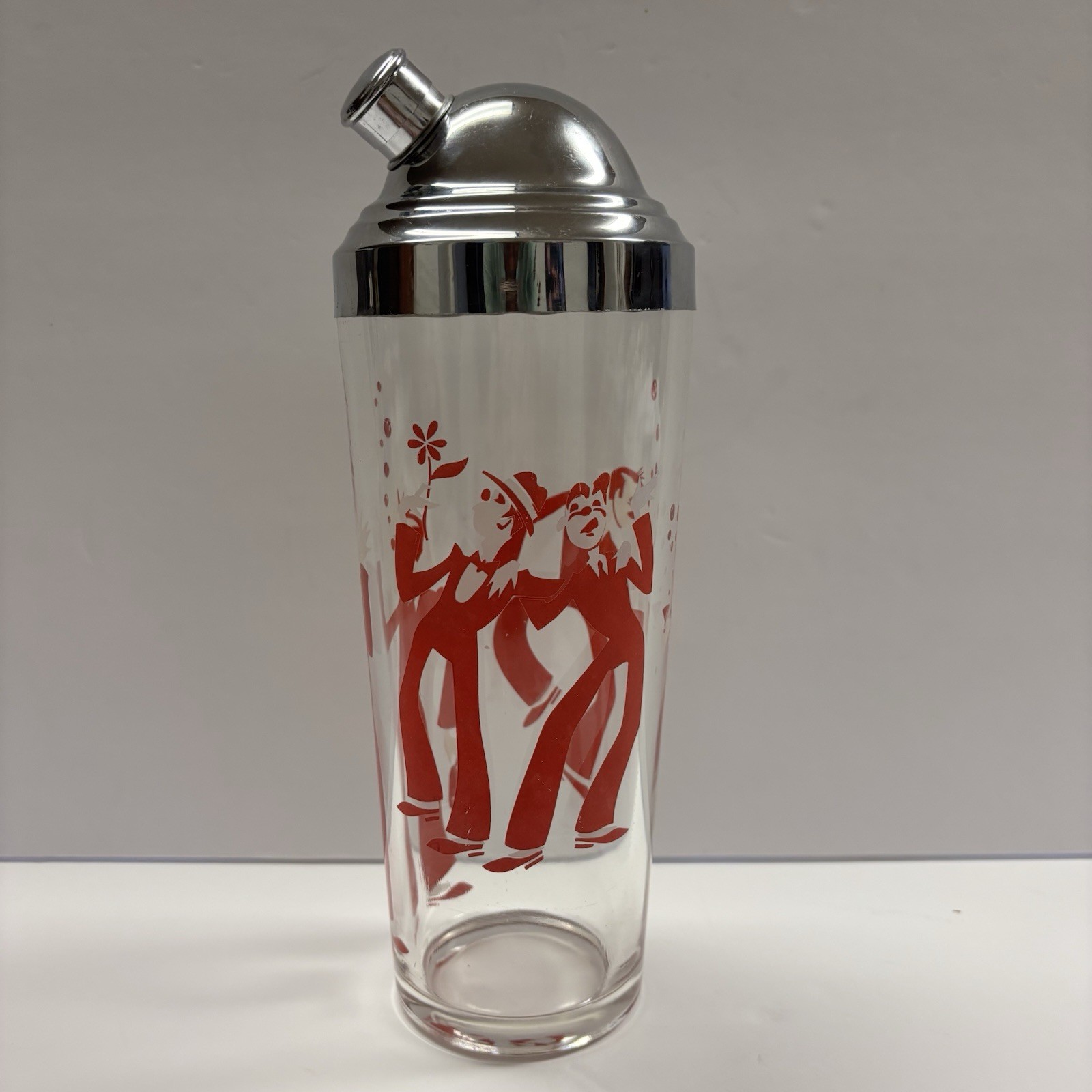 Vtg 1960s MCM Cocktail Shaker Red & White Clown Motif 10.5" Chrome Strainer Lid Vtg 1960s MCM Cocktail Shaker Red & White Clown Motif 10.5" Chrome Strainer Lid
