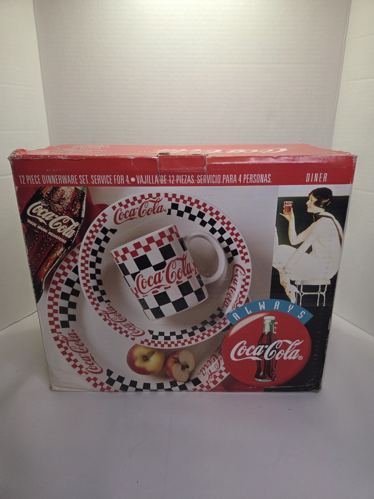 Vintage 1996 Gibson Coca Cola Checkered 12 Piece Dinnerware Set In Box Vintage 1996 Gibson Coca Cola Checkered 12 Piece Dinnerware Set In Box