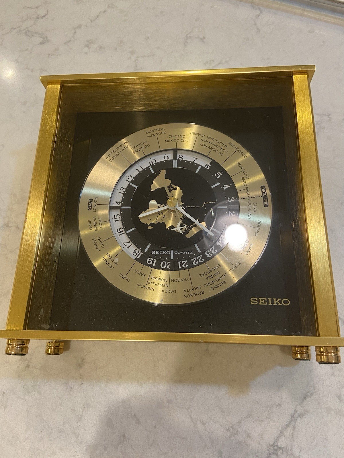 Seiko Bespoke Plane Seconds GMT World Time Desk Mantle Clock Satin Brass Finish Seiko Bespoke Plane Seconds GMT World Time Desk Mantle Clock Satin Brass Finish