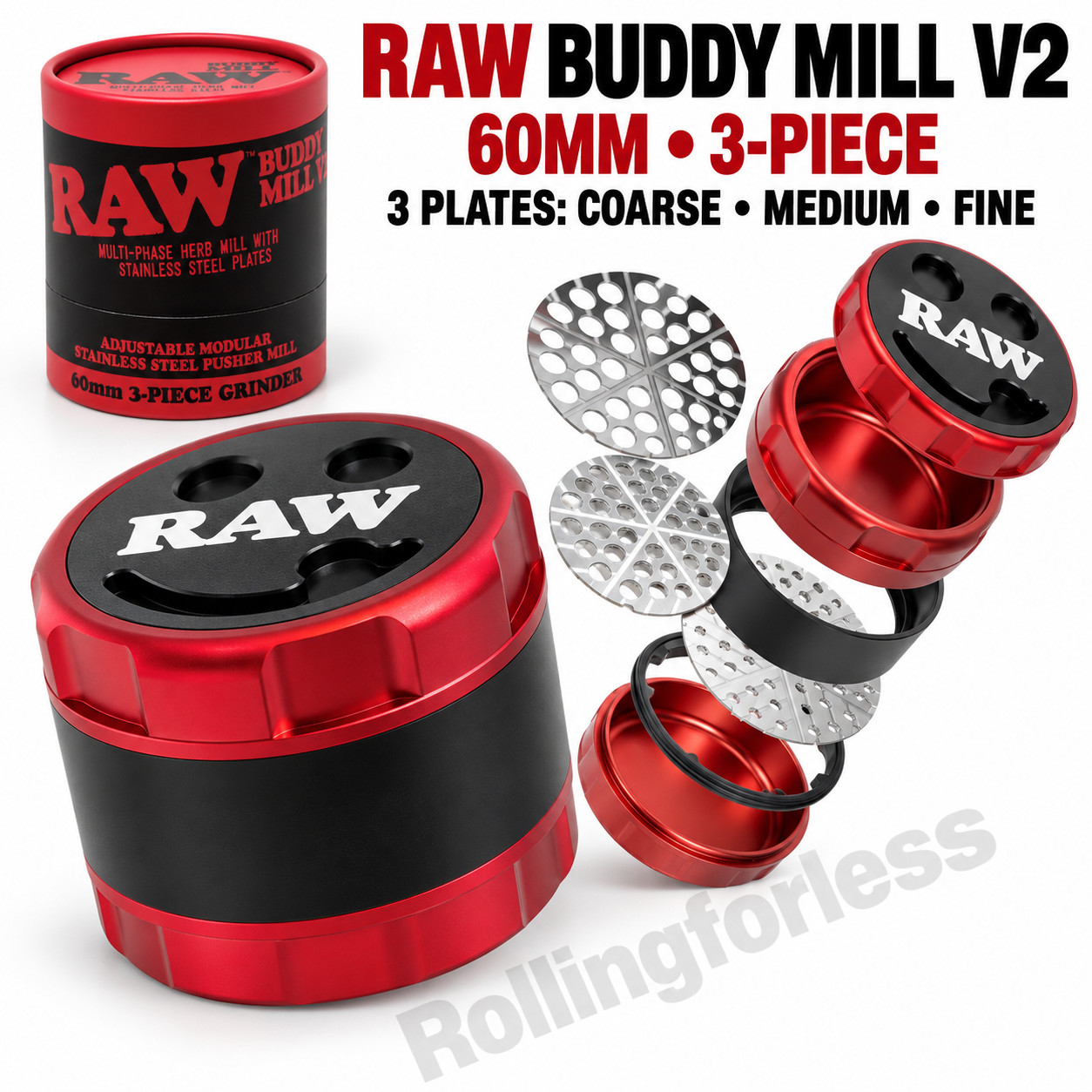 RAW Buddy Mill V2 60mm 3-Piece Grinder 3 Stainless Steel Plates Red Black RAW Buddy Mill V2 60mm 3-Piece Grinder 3 Stainless Steel Plates Red Black
