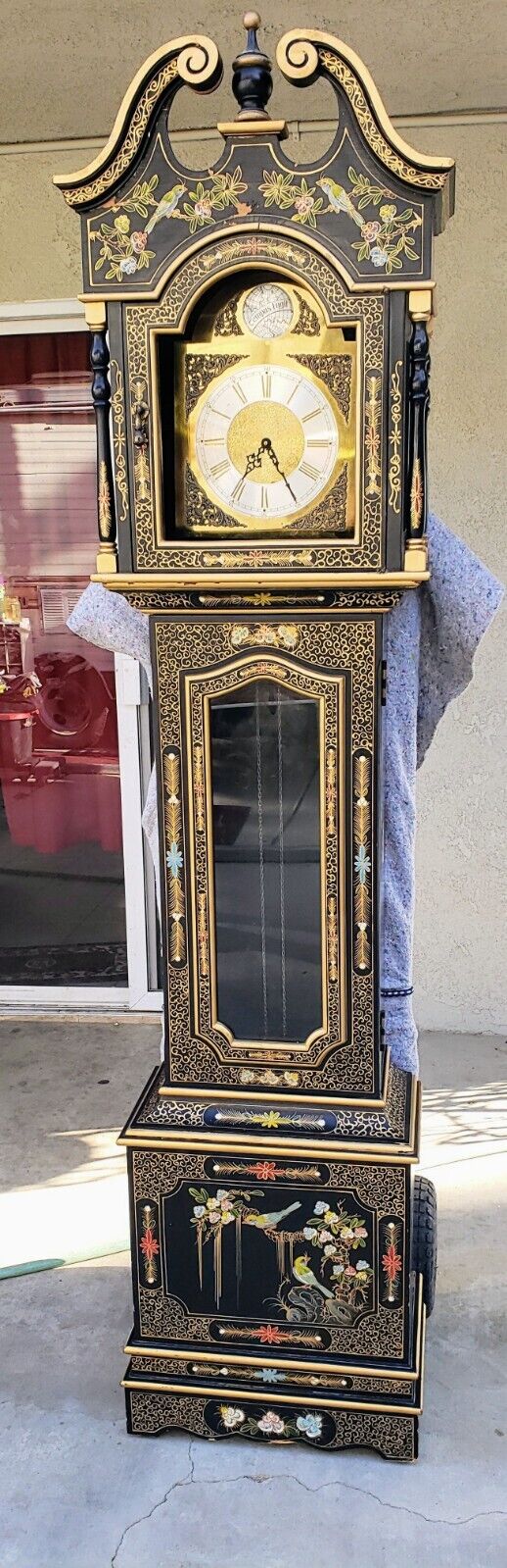 Vintage Old Rare Tempus Fugit Chinoiserie Black Gold Lacquered Grandfather Clock