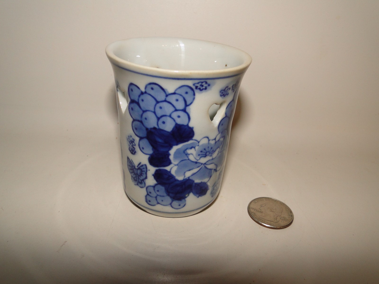 Blue & White Floral Design Votive Candle Holder, Heart Shaped Cut-outs, 3" Tall Blue & White Floral Design Votive Candle Holder, Heart Shaped Cut-outs, 3" Tall