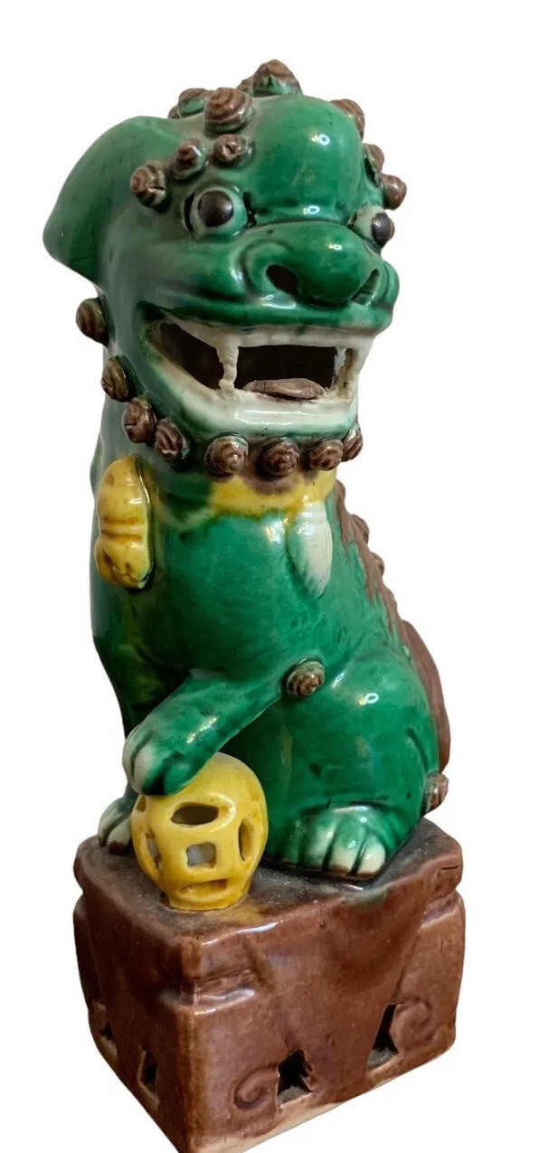 Vintage Chinese Porcelain Foo Dog Famille Vert Glaze Green @7” Decor Paw On Ball