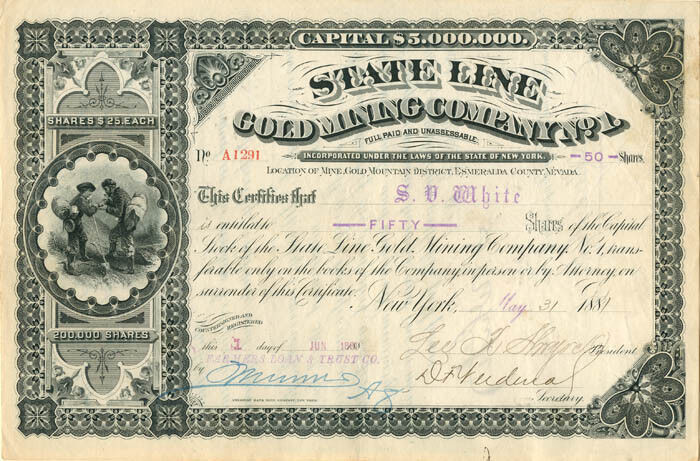 State Line Gold Mining Co. No. 1 - Stock Certificate - Mining Stocks