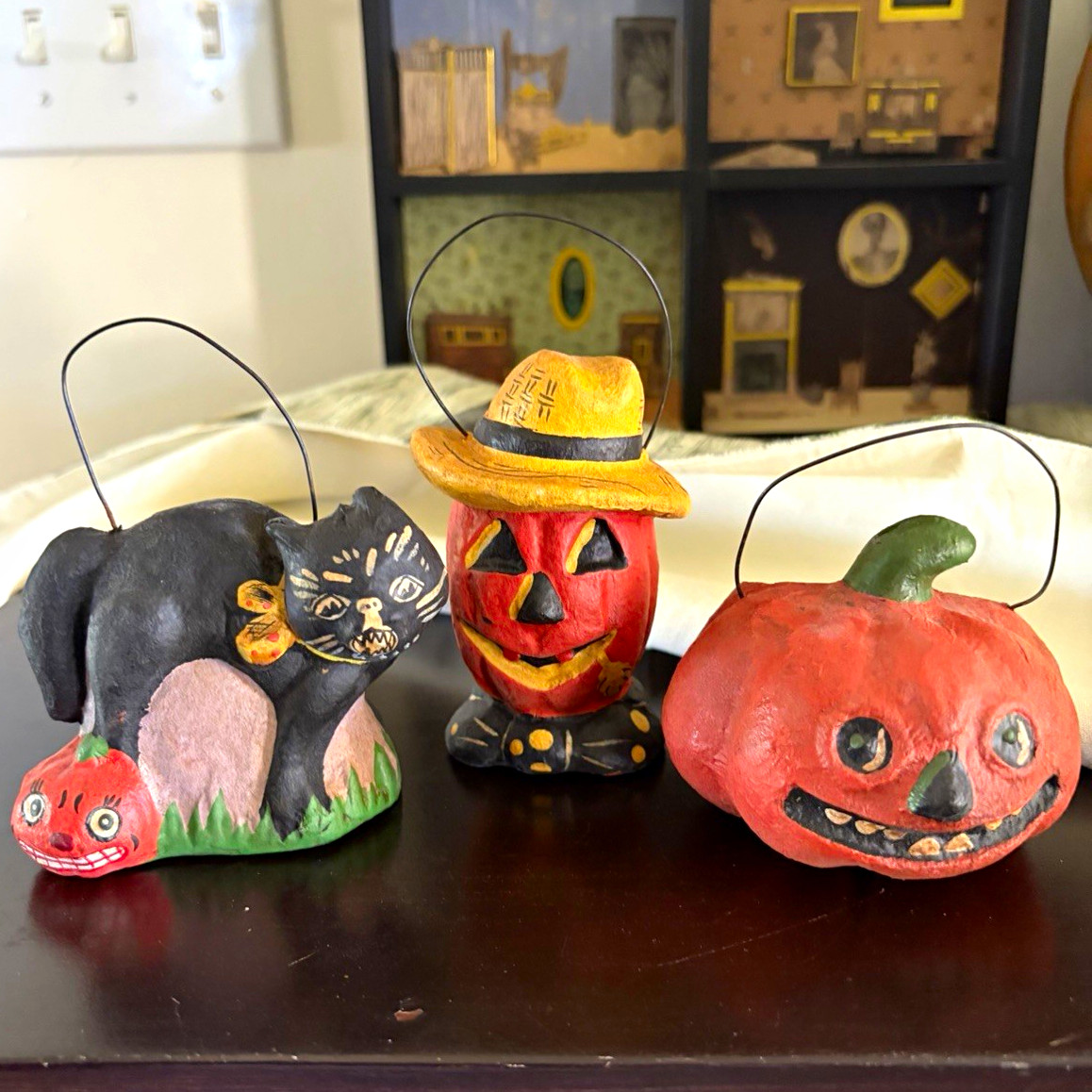 3pc vintage Hand Painted Papier Mache Halloween Black Cat Jack-o'-lantern 3pc vintage Hand Painted Papier Mache Halloween Black Cat Jack-o'-lantern