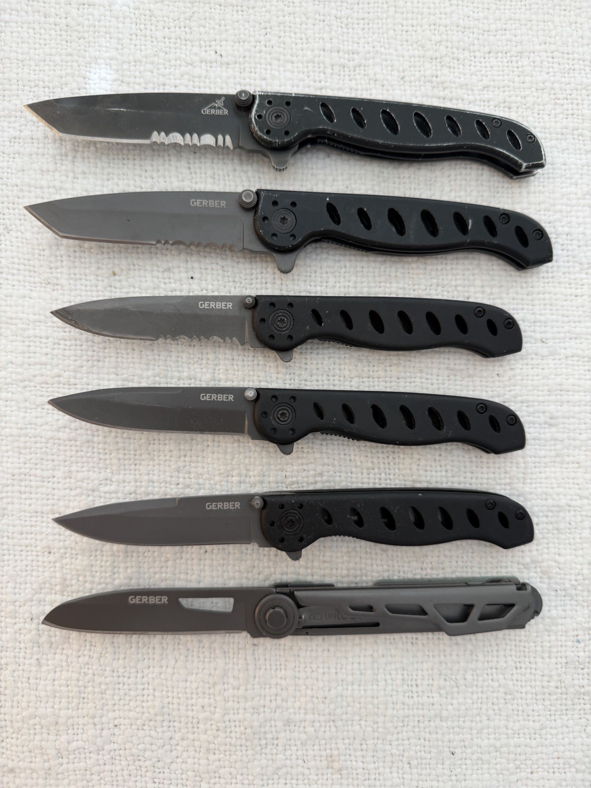 Lot of 6 Gerber Folding Knives EVO Mid Jr Tanto Serrated Armbar Slim Cut G12