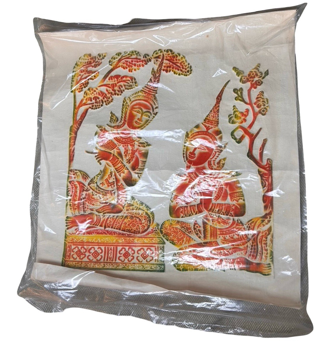VTG Thai Temple Rubbing Art Mid-century Charcoal on Rice Paper Orange Colorful