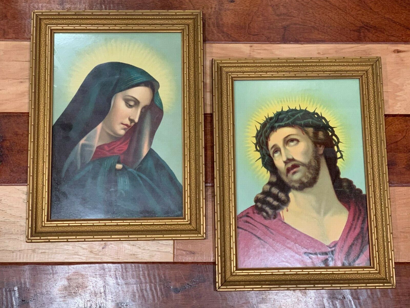 ANTIQUE GOLD WOOD FRAMES LOT SET JESUS CROWN THORNS MARY MADONNA 1945 RELIGIOUS