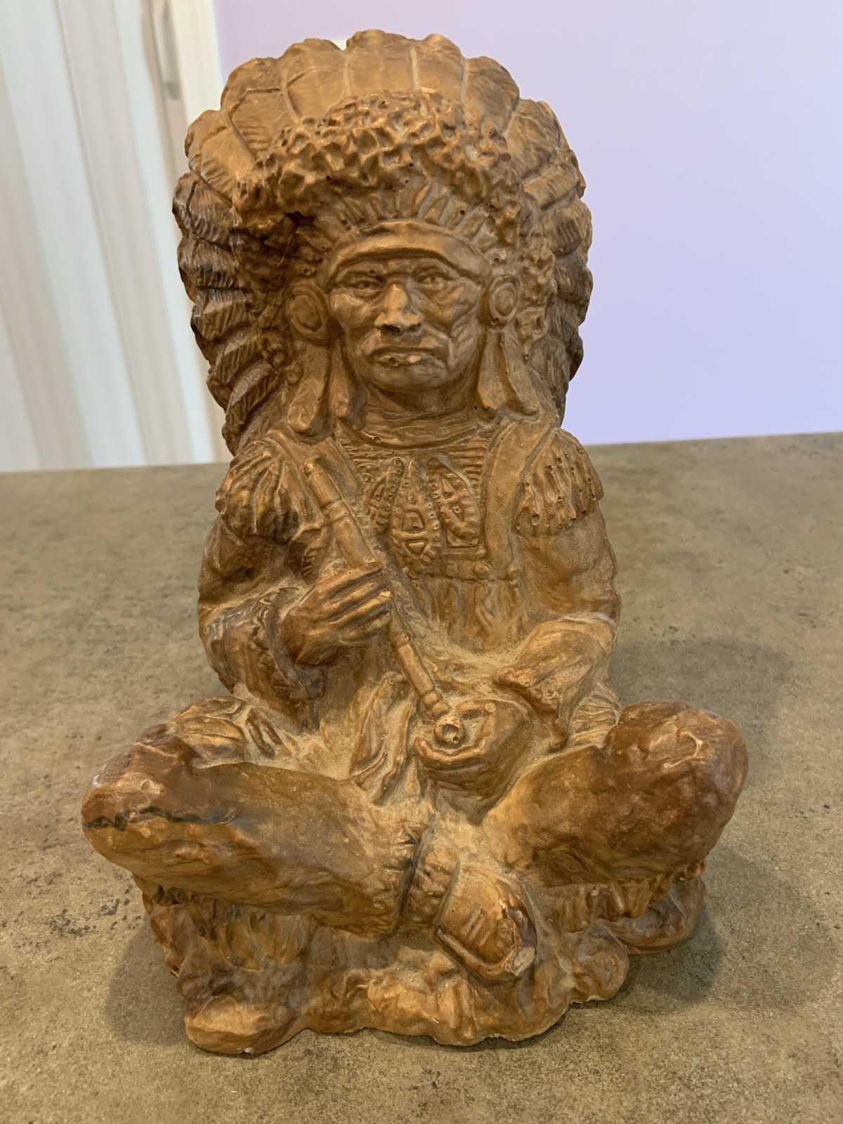 Vtg Native American Indian W/Peace Pipe Statue Swirl Clay Process Statue Vtg Native American Indian W/Peace Pipe Statue Swirl Clay Process Statue
