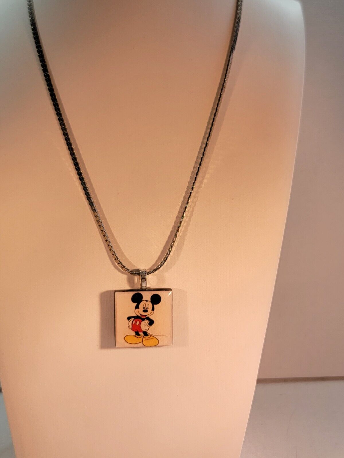 Vintage Mickey Mouse Necklace Pendant & Silver Tone Chain
