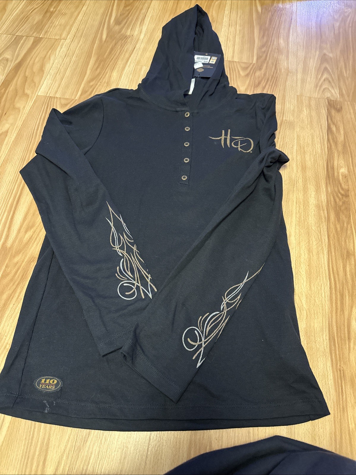NWT Harley-Davidson black henley w/bronze "bling" details, size L/FREE SHIPPING