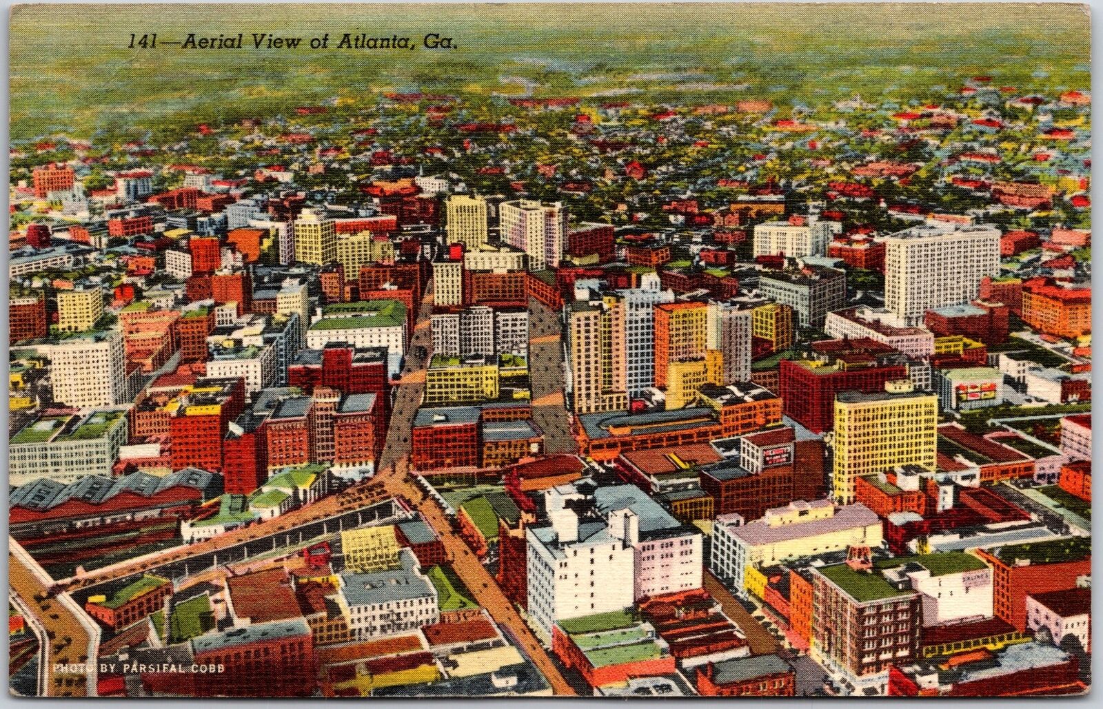 Atlanta Georgia, 1943 Aerial View, Office Business Buildings, Vintage Postcard