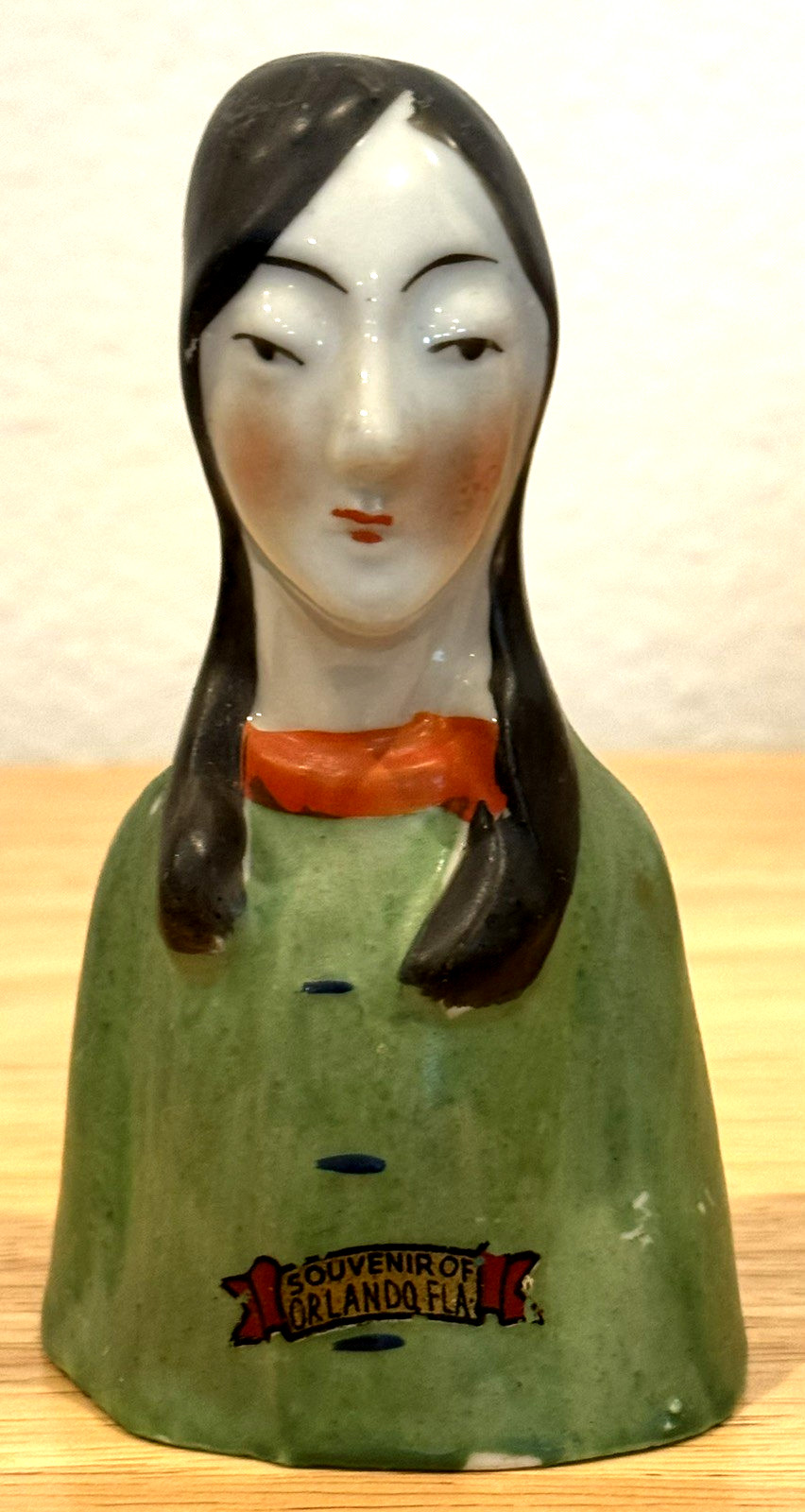 Vtg Art Deco Porcelain Asian Lady Table Bell Souvenir Of Orlando Fla Figurine