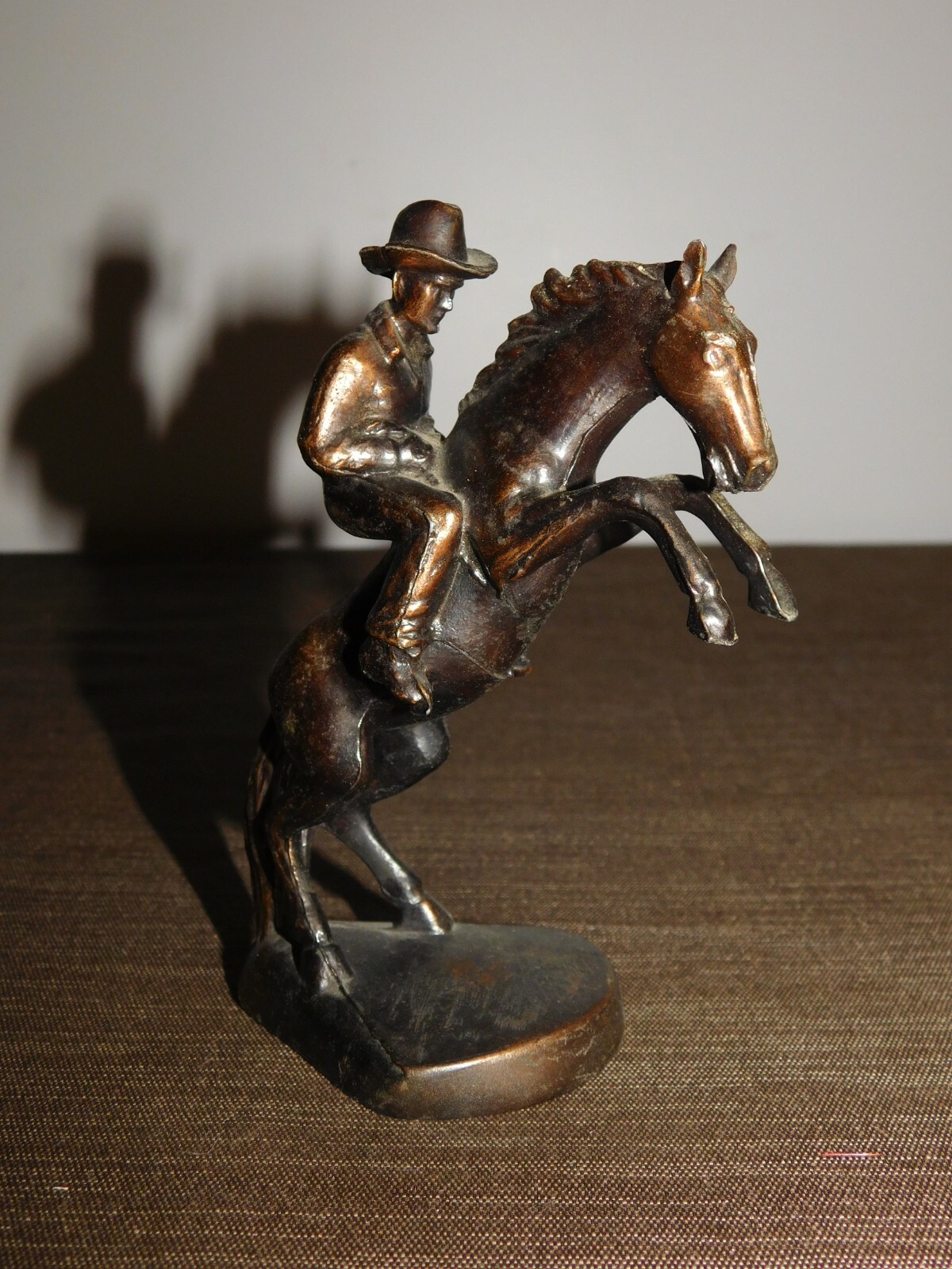 VINTAGE WESTERN 5" HIGH BAUDIS NY BRONZE COWBOY ON REARING HORSE STATUE