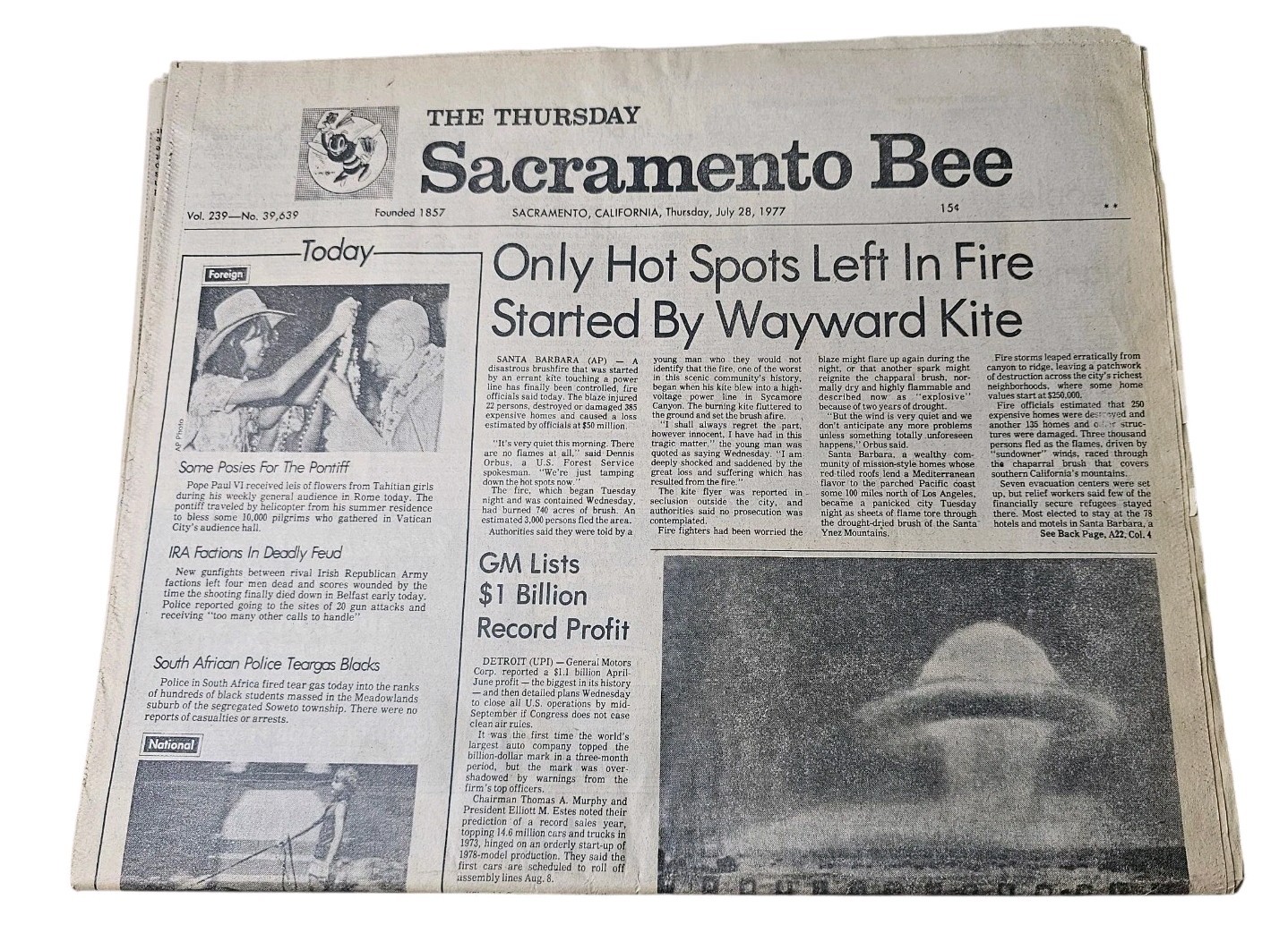 Wayward Kite Fire Chinese Test Bomb Sacramento Bee CA July 28, 1977 Newspaper Wayward Kite Fire Chinese Test Bomb Sacramento Bee CA July 28, 1977 Newspaper