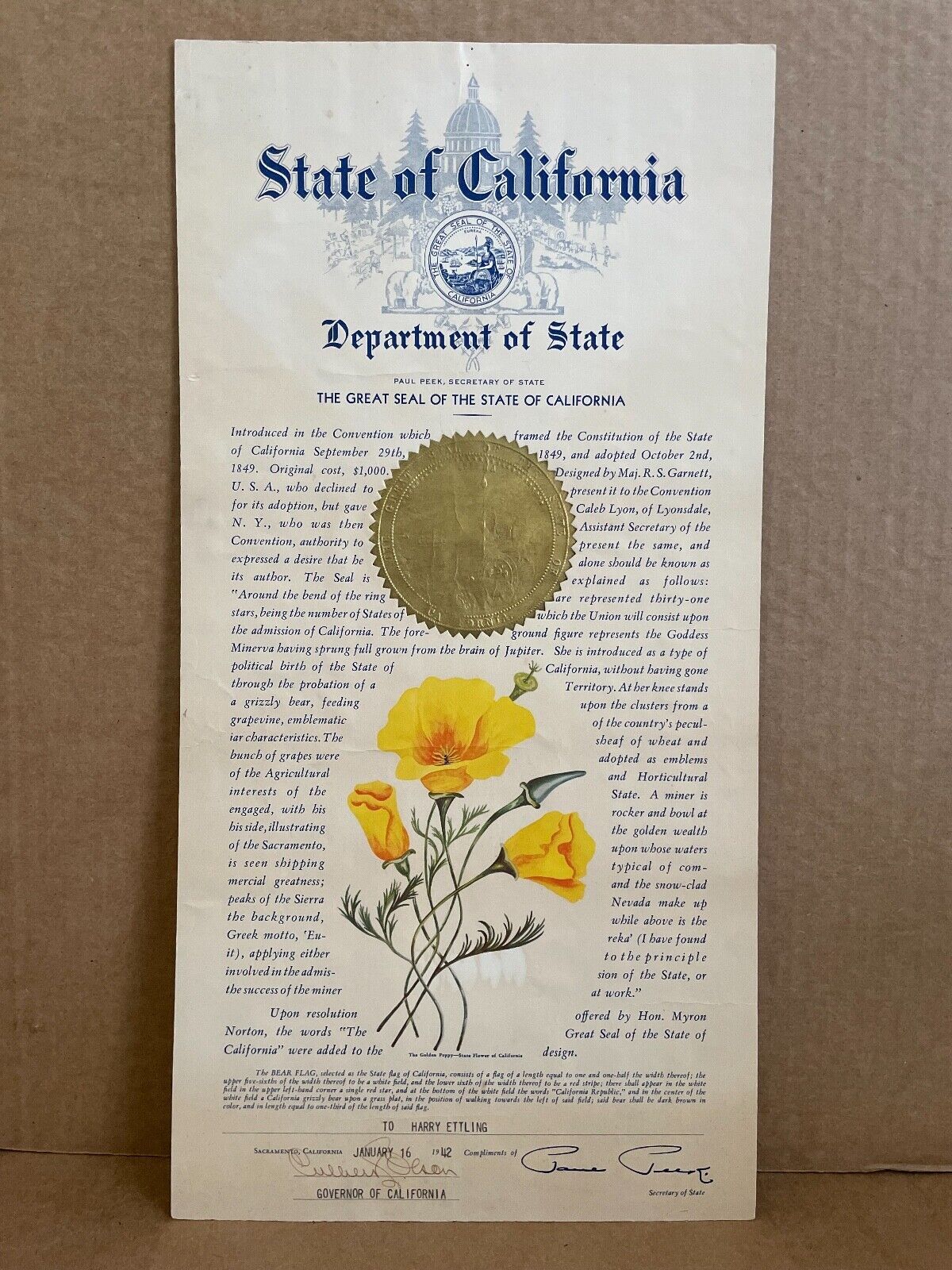1942 State of California Presentation Certificate for the Great Seal Document