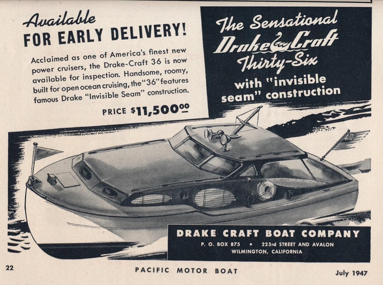 Magazine Ad - 1947 - Drake Craft Boats - Wilmington, CA - Drake Craft 36 Magazine Ad - 1947 - Drake Craft Boats - Wilmington, CA - Drake Craft 36